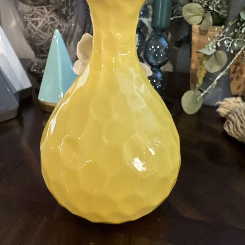 MCM Inspired Yellow Ceramic Vase With White Flower | Rare